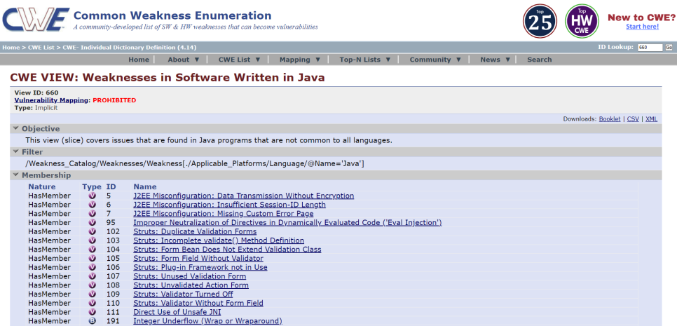 CWE-660 Java 언어 보안 약점 조회 화면